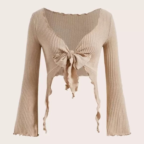 country Journey Boutique Tops - NWT Tan Ribbed Knit Tie-Front Top